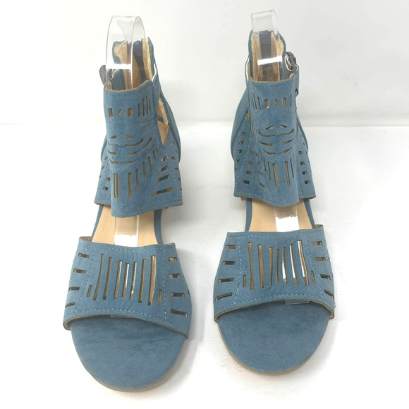 Yasirun Blue Cutout Peep Toe Wedge Sandal Size 39 US SIze 8 New Without Box - Picture 2 of 7